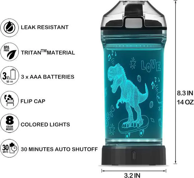 Alt view image 6 of 7 - Lightzz Kids Watter Bottle3D Dinosaur Cup with LED Illusion Light with 7 Color Changing Light - 14 0z BPA Free - Creative Travel Cup Dinosaur Gift for School Kid Boy Holiday