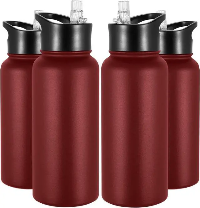 Main image of 32 oz Insulated Water Bottle Bulk 4 Pack, Stainless Steel Sports Water Bottles with Straw Lid & Wide Mouth Lids, Double Walled Vacuum, Leak Proof, Red