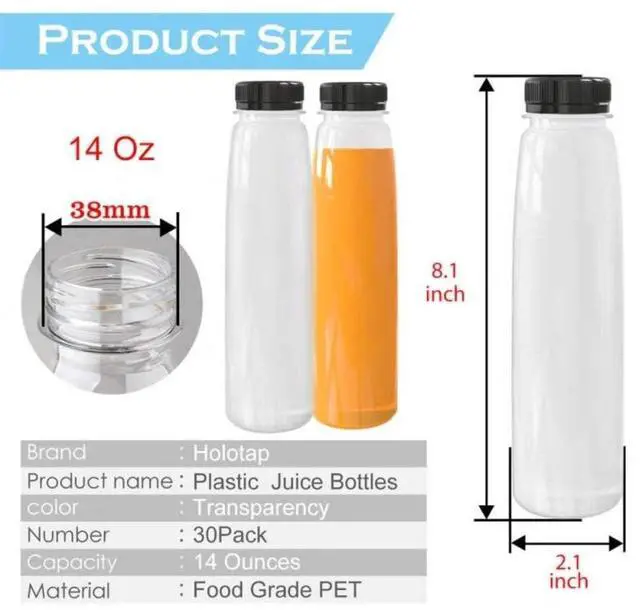 Alt view image 5 of 6 - Holotap 30 Pack Empty PET Plastic Juice Bottles 14 OZ Clear Disposable Bulk Drink Bottles with Black Tamper Evident Caps Lids (14 OZ, Black)