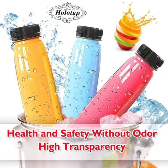 Alt view image 6 of 6 - Holotap 30 Pack Empty PET Plastic Juice Bottles 14 OZ Clear Disposable Bulk Drink Bottles with Black Tamper Evident Caps Lids (14 OZ, Black)