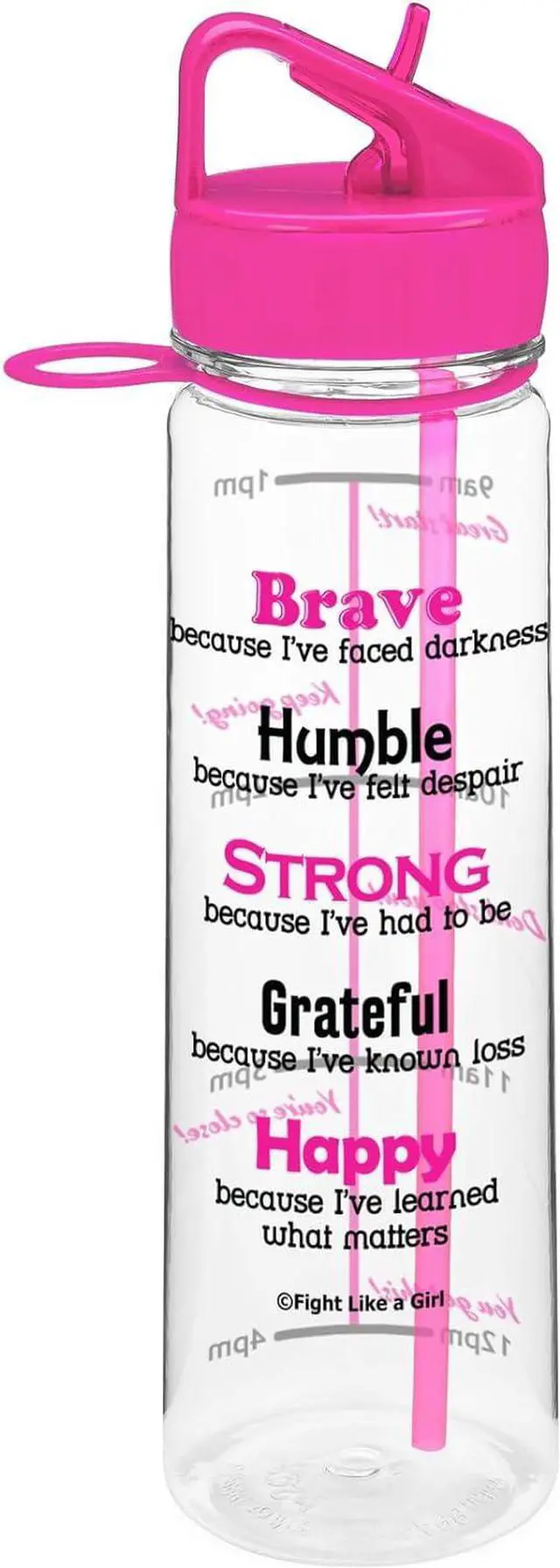 Main image of Fight Like a Girl Brave SlimKim 30 oz Motivational Water Bottle with Time Marker & Straw for Breast Cancer Awareness - Reusable Clear Water Bottle for Workout, Gym, Travel - Hot Pink
