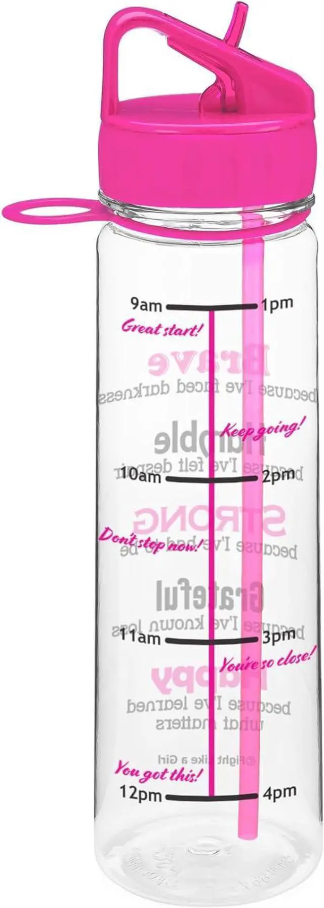Alt view image 2 of 4 - Fight Like a Girl Brave SlimKim 30 oz Motivational Water Bottle with Time Marker & Straw for Breast Cancer Awareness - Reusable Clear Water Bottle for Workout, Gym, Travel - Hot Pink