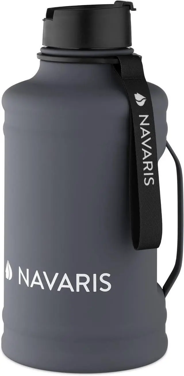 Main image of Navaris Half Gallon Water Bottle with Handle - Single-Walled 74 oz (2.2L) Stainless Steel Water Jug - Large Reusable Metal Drinking Bottle for Sports