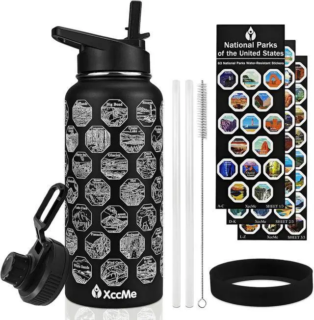 Main image of National Parks Water Bottle with Stickers,32 oz Stainless Steel Insulated Water Bottle with Straw,2 Lids,Leak Proof Metal Water Bottle for Hiking,Travel,Sports,Camping,Wide Mouth Bottle