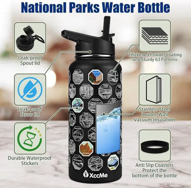 Alt view image 4 of 7 - National Parks Water Bottle with Stickers,32 oz Stainless Steel Insulated Water Bottle with Straw,2 Lids,Leak Proof Metal Water Bottle for Hiking,Travel,Sports,Camping,Wide Mouth Bottle