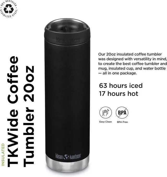 Alt view image 2 of 7 - Klean Kanteen TKWide Insulated Coffee Tumbler with Cafe Cap - Stainless Steel & Thermal Tumbler - Black, 20 oz
