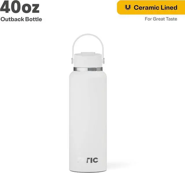 Alt view image 2 of 7 - RTIC 40oz Outback Bottle, Ceramic Lined, Insulated, Stainless Steel, Metal, Double Wall Vacuum-Insulation, Leak-Proof Lid, BPA-Free Water Flask Hiking, Running, Sports, Outdoor, White