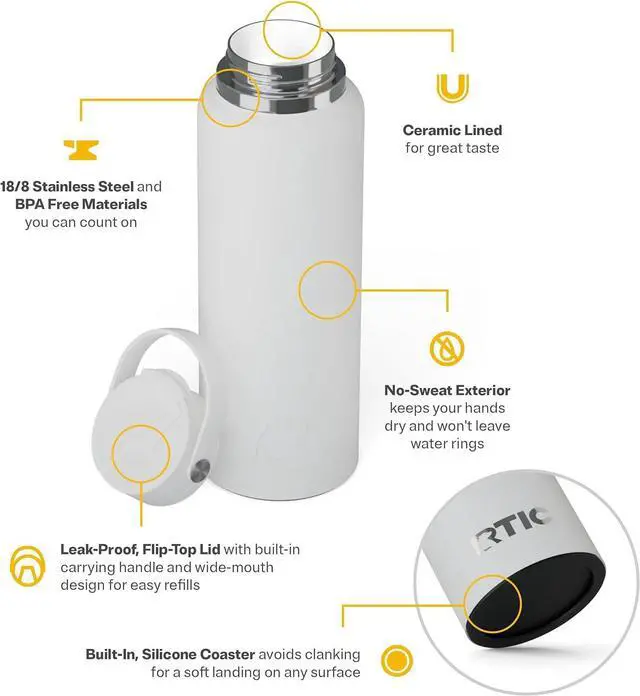 Alt view image 4 of 7 - RTIC 40oz Outback Bottle, Ceramic Lined, Insulated, Stainless Steel, Metal, Double Wall Vacuum-Insulation, Leak-Proof Lid, BPA-Free Water Flask Hiking, Running, Sports, Outdoor, White