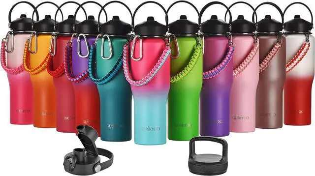 Alt view image 7 of 7 - 32 oz Insulated Water Bottle with Paracord Handles &Strap, Double Wall Metal Stainless Steel Tumbler Travel Flask with Straw Lid and Spout Lid, Fits in Any Car Cup Holders Keep Cold Hot 24 Hrs