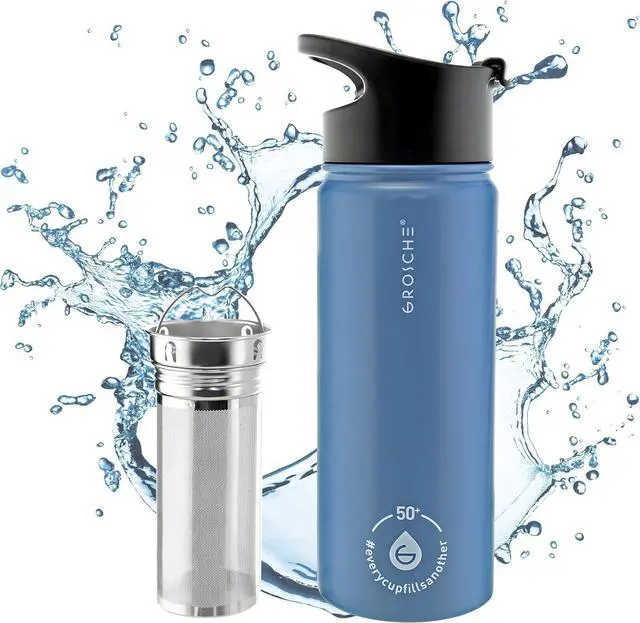 Main image of GROSCHE Chicago Stainless Steel Tea Infuser Flask | Beverage Bottle | Hot & Cold Drinks | Loose Leaf Tea Infuser | Travel Convenience Water Bottle | 16 fl oz, Blue