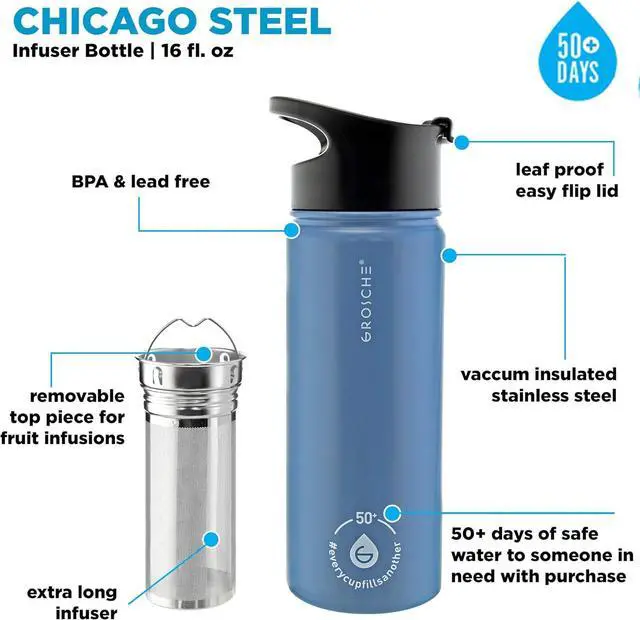 Alt view image 2 of 7 - GROSCHE Chicago Stainless Steel Tea Infuser Flask | Beverage Bottle | Hot & Cold Drinks | Loose Leaf Tea Infuser | Travel Convenience Water Bottle | 16 fl oz, Blue