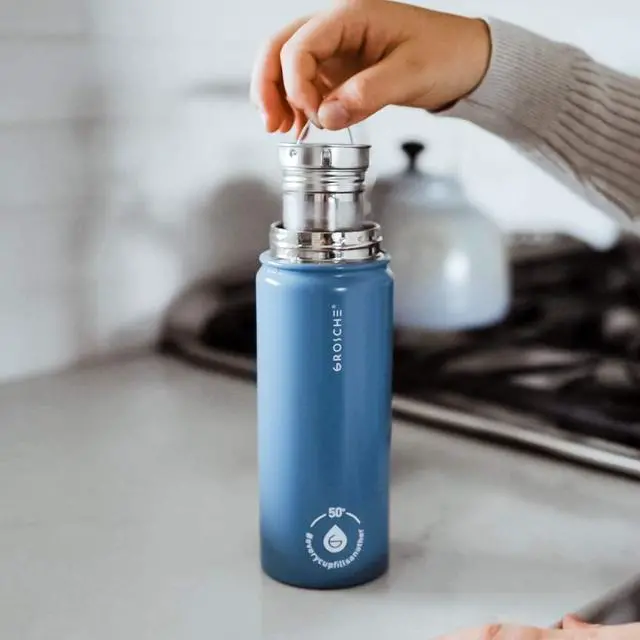 Alt view image 6 of 7 - GROSCHE Chicago Stainless Steel Tea Infuser Flask | Beverage Bottle | Hot & Cold Drinks | Loose Leaf Tea Infuser | Travel Convenience Water Bottle | 16 fl oz, Blue