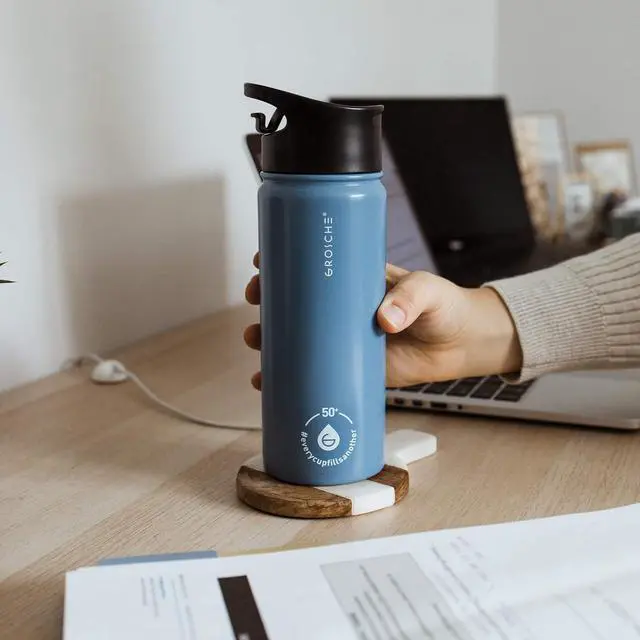 Alt view image 7 of 7 - GROSCHE Chicago Stainless Steel Tea Infuser Flask | Beverage Bottle | Hot & Cold Drinks | Loose Leaf Tea Infuser | Travel Convenience Water Bottle | 16 fl oz, Blue