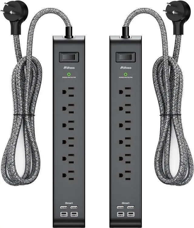 Main image of 2 Pack Surge Protector Power Strip with 6 Outlets 4 USB Ports 5-Foot Long Heavy-Duty Braided Extension Cords Flat Plug 900 Joules 15A Circuit Breaker Wall Mount for Home Office ETL Listed