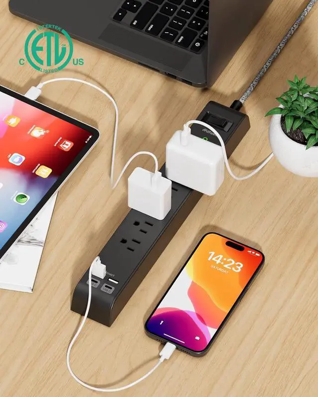 Alt view image 3 of 7 - 2 Pack Surge Protector Power Strip with 6 Outlets 4 USB Ports 5-Foot Long Heavy-Duty Braided Extension Cords Flat Plug 900 Joules 15A Circuit Breaker Wall Mount for Home Office ETL Listed