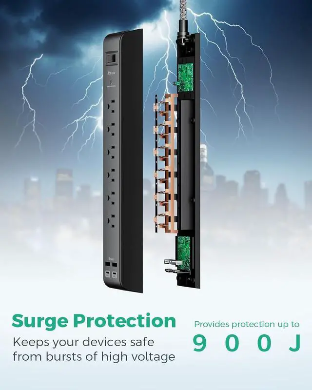 Alt view image 4 of 7 - 2 Pack Surge Protector Power Strip with 6 Outlets 4 USB Ports 5-Foot Long Heavy-Duty Braided Extension Cords Flat Plug 900 Joules 15A Circuit Breaker Wall Mount for Home Office ETL Listed