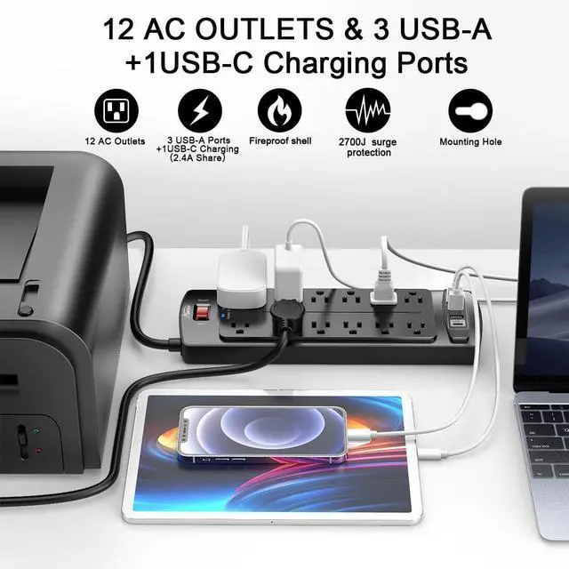 Alt view image 2 of 7 - Power Strip, ALESTOR Surge Protector with 12 Outlets and 4 USB Ports, 6 Feet Extension Cord (1875W/15A), 2700 Joules, ETL Listed, Black