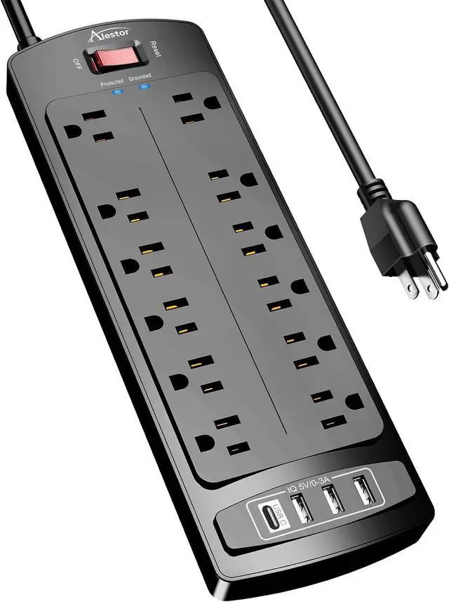 Main image of Power Strip, ALESTOR Surge Protector with 12 Outlets and 4 USB Ports, 6 Feet Extension Cord (1875W/15A), 2700 Joules, ETL Listed, Black