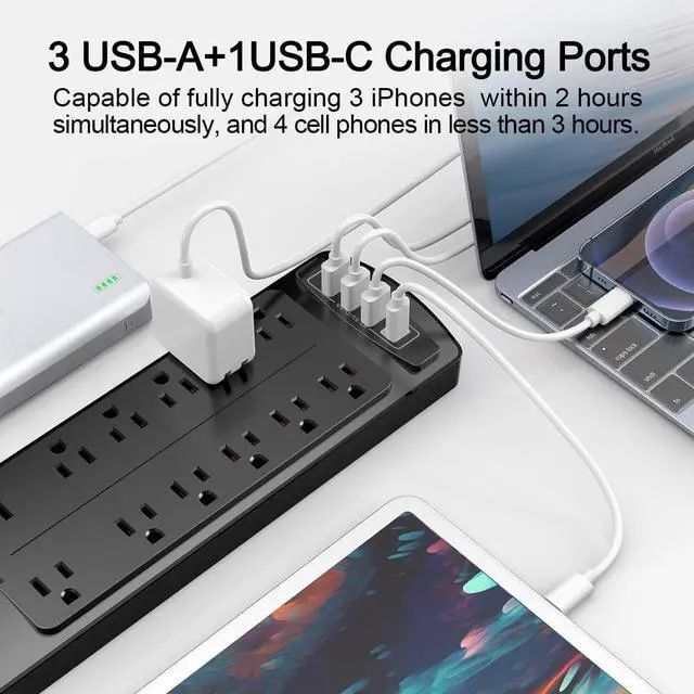 Alt view image 4 of 7 - Power Strip, ALESTOR Surge Protector with 12 Outlets and 4 USB Ports, 6 Feet Extension Cord (1875W/15A), 2700 Joules, ETL Listed, Black
