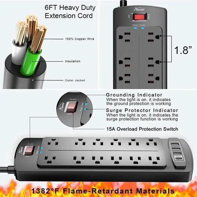 Alt view image 5 of 7 - Power Strip, ALESTOR Surge Protector with 12 Outlets and 4 USB Ports, 6 Feet Extension Cord (1875W/15A), 2700 Joules, ETL Listed, Black