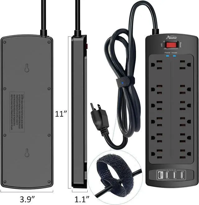 Alt view image 7 of 7 - Power Strip, ALESTOR Surge Protector with 12 Outlets and 4 USB Ports, 6 Feet Extension Cord (1875W/15A), 2700 Joules, ETL Listed, Black