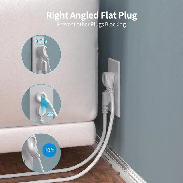 Alt view image 6 of 7 - Surge Protector Power Strip Tower with 5 USB Ports and Night Light, 10FT Extension Cord with 12 AC Multiple Outlets, PASSUS Power Tower, Overload Protection for Home Office Dorm Room (White)