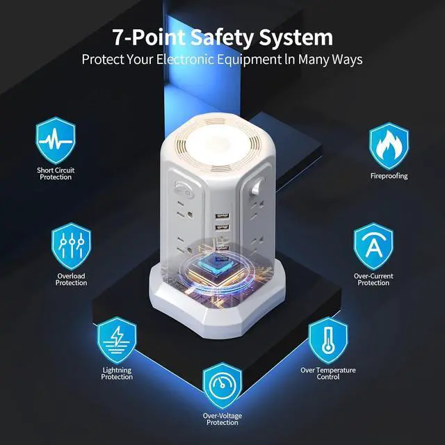 Alt view image 7 of 7 - Surge Protector Power Strip Tower with 5 USB Ports and Night Light, 10FT Extension Cord with 12 AC Multiple Outlets, PASSUS Power Tower, Overload Protection for Home Office Dorm Room (White)