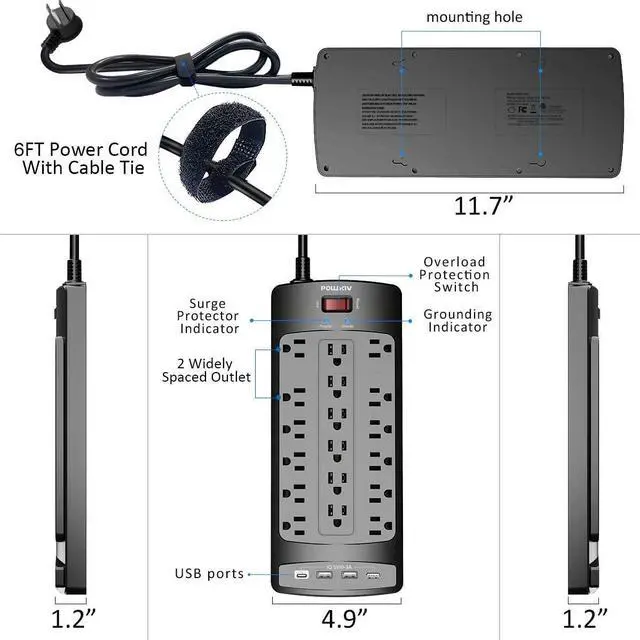 Alt view image 7 of 7 - 18 Outlets Surge Protector Power Strip - 6 Feet Flat Plug Heavy Duty Extension Cord with 18 Widely Outlets and 4 USB Ports, 2100 Joules, Black, ETL Listed