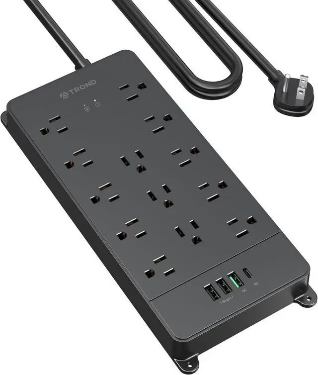 Main image of TROND Surge Protector Power Strip, 5ft Heavy Duty Extension Cord with 32W USB C & QC 3.0 Charger, 4000 Joules, ETL Listed, 13 Wide Spaced Outlets, Flat Plug, Wall Mount for Home Office Supplies, Black