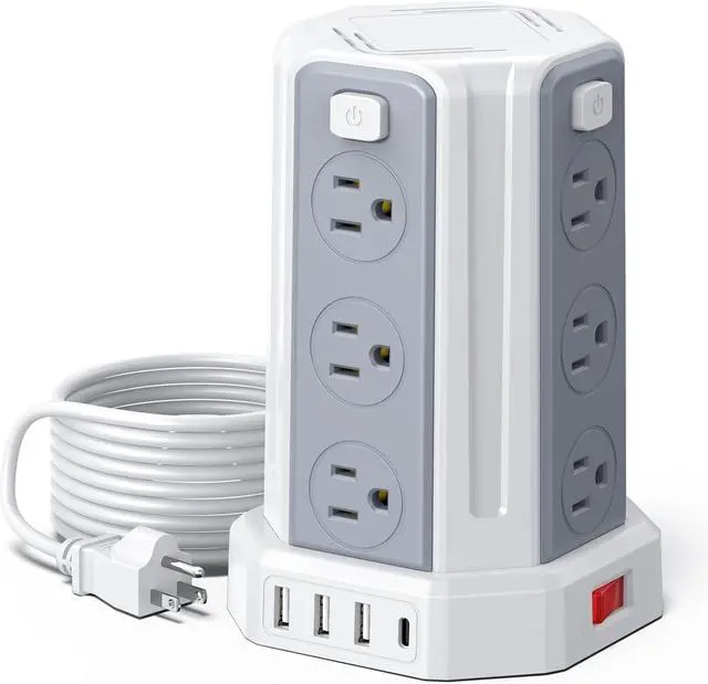 Main image of Power Strip Surge Protector, 10 Ft Extension Cord with 12 AC Multiple Outlets 4 USB (1 USB C), SMALLRT Power Tower Desktop Charging Station, Home Dorm Room Office Essentials, Desk Accessories White