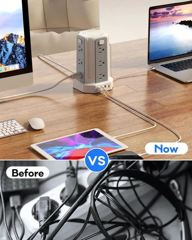 Alt view image 4 of 7 - Power Strip Surge Protector, 10 Ft Extension Cord with 12 AC Multiple Outlets 4 USB (1 USB C), SMALLRT Power Tower Desktop Charging Station, Home Dorm Room Office Essentials, Desk Accessories White