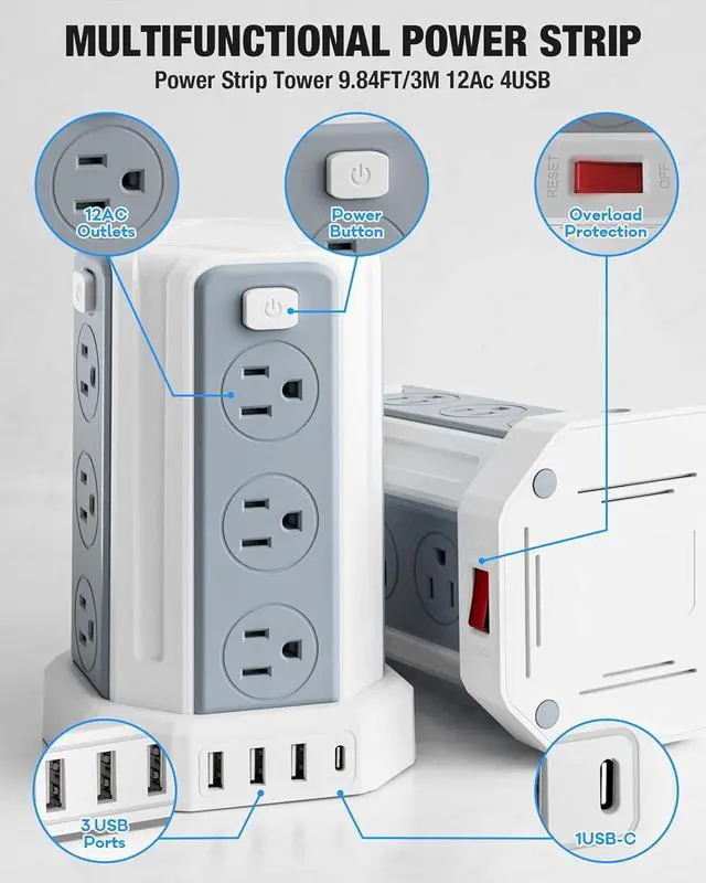 Alt view image 6 of 7 - Power Strip Surge Protector, 10 Ft Extension Cord with 12 AC Multiple Outlets 4 USB (1 USB C), SMALLRT Power Tower Desktop Charging Station, Home Dorm Room Office Essentials, Desk Accessories White