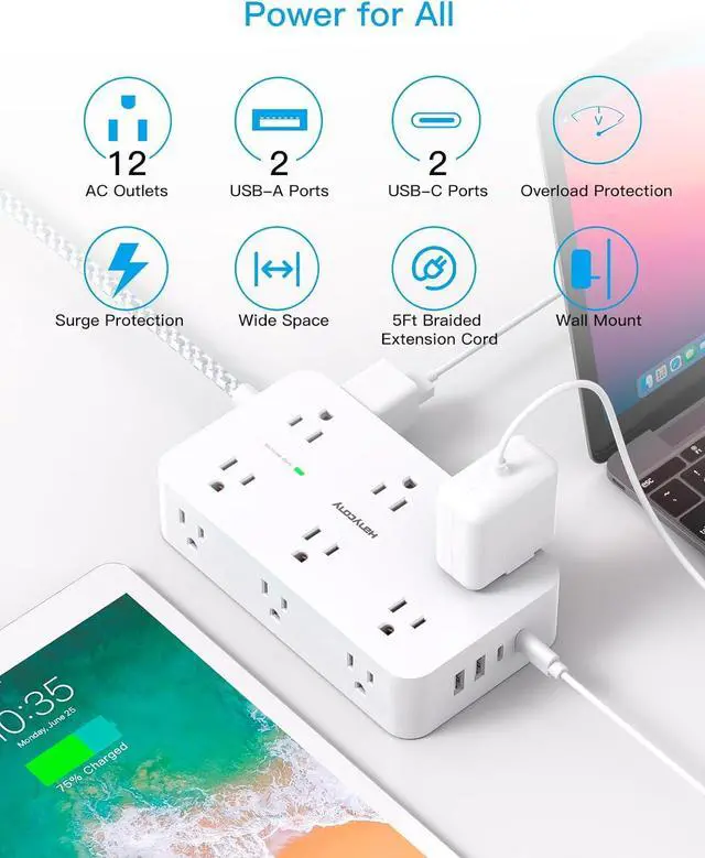 Alt view image 2 of 7 - Power Strip Surge Protector, HANYCONY 12 Multiple Outlets 4 USB Ports (2 USB C), 5Ft Braided Extension Cord Flat Plug, Overload Surge Protection, Desk for Office Home College Dorm Room Essentials
