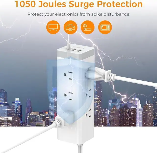 Alt view image 4 of 6 - Surge Protector Power Strip 15 Ft, TESSAN Flat Plug Long Extension Cord with 9 Outlets 3 USB(1 USB C), Surge Protection Mountable Desk Charging Station for Indoor, Home, Office, Dorm Room Essentials