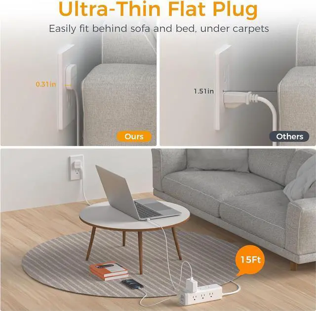 Alt view image 2 of 6 - Surge Protector Power Strip 15 Ft, TESSAN Flat Plug Long Extension Cord with 9 Outlets 3 USB(1 USB C), Surge Protection Mountable Desk Charging Station for Indoor, Home, Office, Dorm Room Essentials