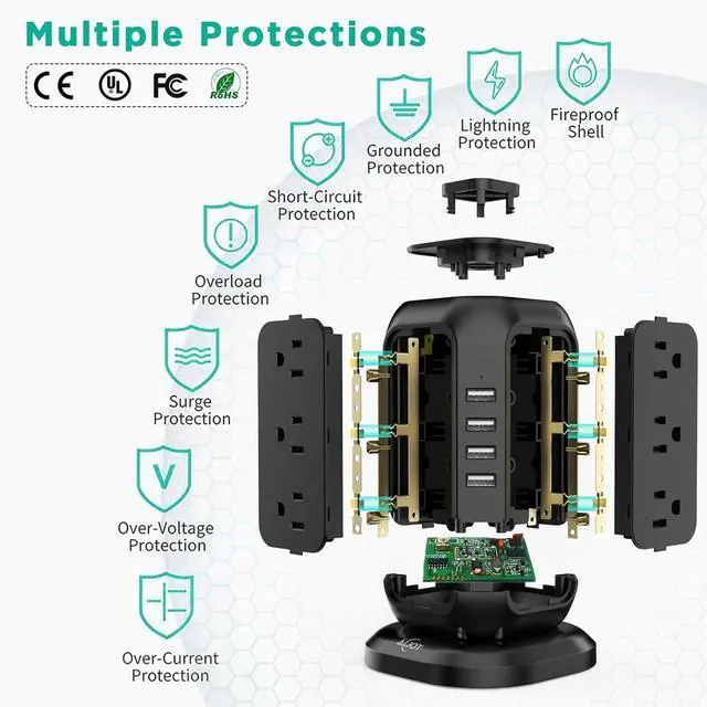 Alt view image 6 of 6 - Power Strip Tower with USB Ports-AiJoy Surge Protector with 12 AC Outlet and 4 USB Ports, 10 Ft Extension Cord with Multiple Outlets, Charging Station with Overload Protection, for Home Office Dorm