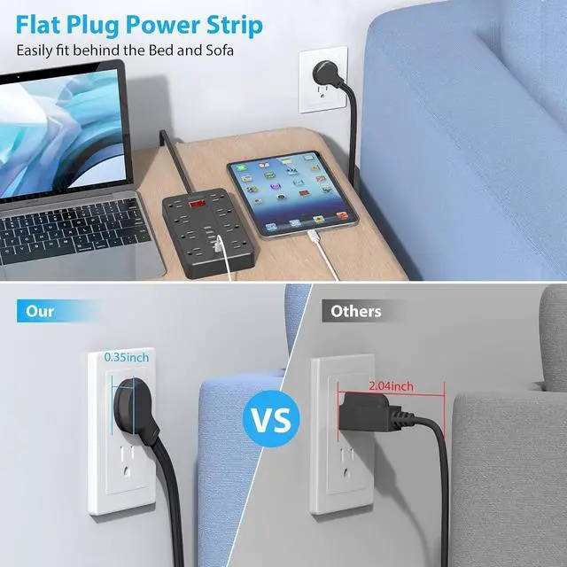 Alt view image 2 of 6 - Power Strip with USB,SMNICE Surge Protector Flat Plug with 8 Widely-Spaced Outlets & 6 USB(1USB C) Ports, Wall Mountable 5ft Extension Cord for Smartphone Tablet Laptop Computer Multiple Devices