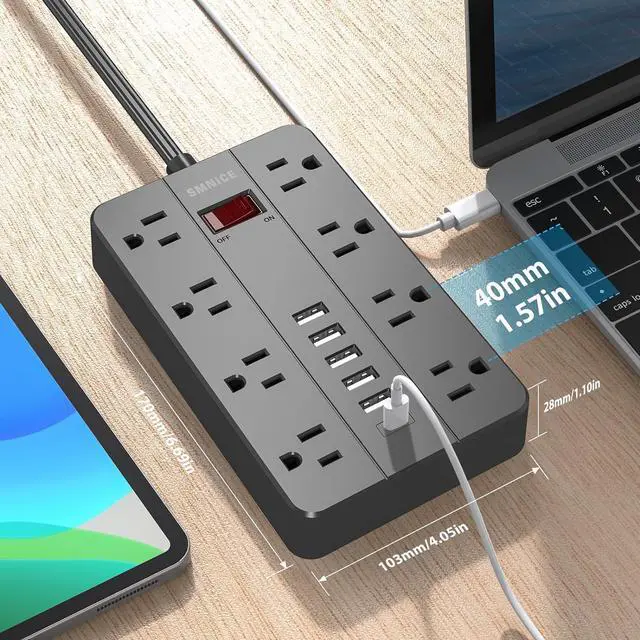Alt view image 4 of 6 - Power Strip with USB,SMNICE Surge Protector Flat Plug with 8 Widely-Spaced Outlets & 6 USB(1USB C) Ports, Wall Mountable 5ft Extension Cord for Smartphone Tablet Laptop Computer Multiple Devices