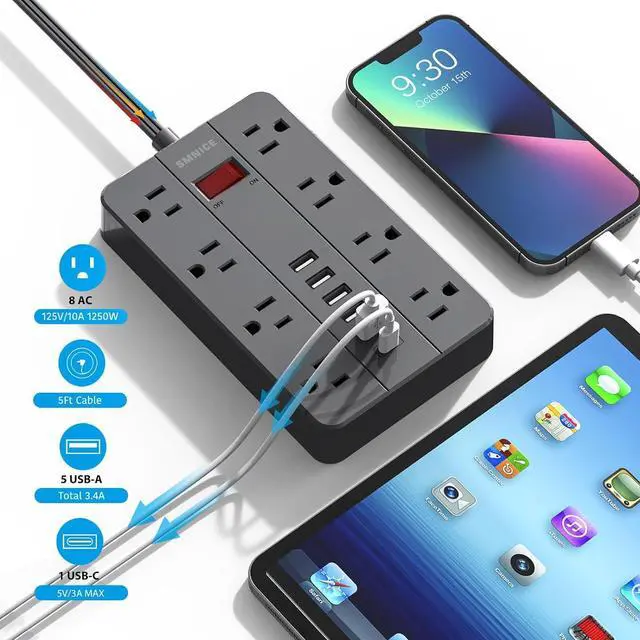 Alt view image 3 of 6 - Power Strip with USB,SMNICE Surge Protector Flat Plug with 8 Widely-Spaced Outlets & 6 USB(1USB C) Ports, Wall Mountable 5ft Extension Cord for Smartphone Tablet Laptop Computer Multiple Devices