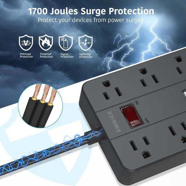 Alt view image 5 of 6 - Power Strip with USB,SMNICE Surge Protector Flat Plug with 8 Widely-Spaced Outlets & 6 USB(1USB C) Ports, Wall Mountable 5ft Extension Cord for Smartphone Tablet Laptop Computer Multiple Devices