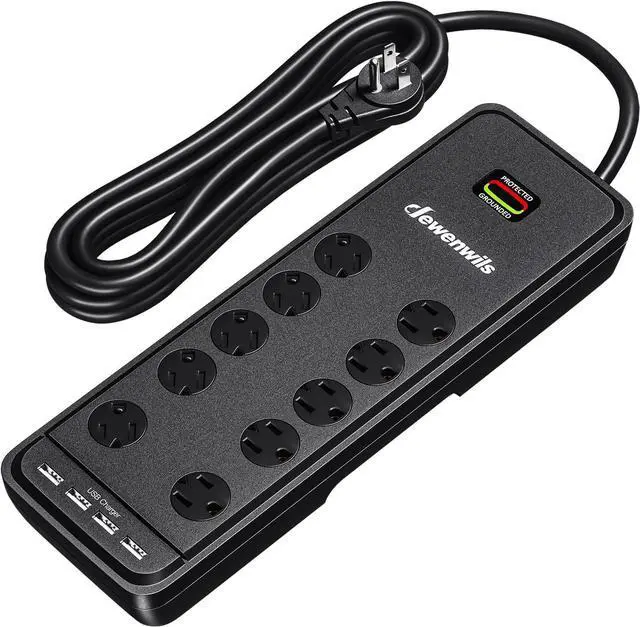 Main image of DEWENWILS 10-Outlet Surge Protector Power Strip with 4 USB Ports, 15 FT Long Extension Cord, Right Angle Flat Plug, 2480J Surge Rating 15AMP Circuit Breaker, Wall Mountable, UL Listed