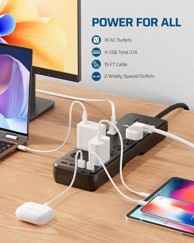 Alt view image 2 of 7 - DEWENWILS 10-Outlet Surge Protector Power Strip with 4 USB Ports, 15 FT Long Extension Cord, Right Angle Flat Plug, 2480J Surge Rating 15AMP Circuit Breaker, Wall Mountable, UL Listed