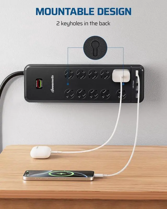 Alt view image 6 of 7 - DEWENWILS 10-Outlet Surge Protector Power Strip with 4 USB Ports, 15 FT Long Extension Cord, Right Angle Flat Plug, 2480J Surge Rating 15AMP Circuit Breaker, Wall Mountable, UL Listed