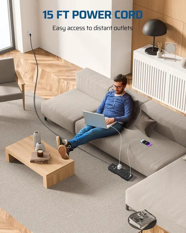 Alt view image 5 of 7 - DEWENWILS 10-Outlet Surge Protector Power Strip with 4 USB Ports, 15 FT Long Extension Cord, Right Angle Flat Plug, 2480J Surge Rating 15AMP Circuit Breaker, Wall Mountable, UL Listed