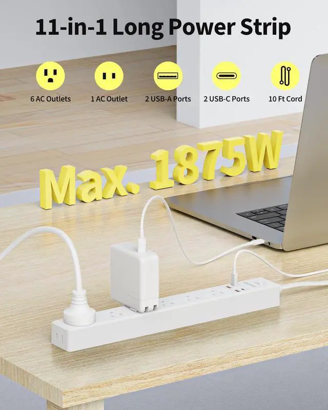 Alt view image 2 of 7 - 10 Ft Power Strip Surge Protector - 7 Outlets 4 USB Ports (2 USB C), Ultra Thin Flat Extension Cord & Flat Plug, 1700 Joules, Wall Mount, Desk Charging Station for Home Office Dorm, White