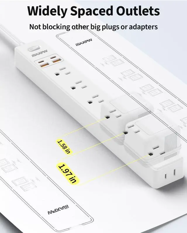 Alt view image 3 of 7 - 10 Ft Power Strip Surge Protector - 7 Outlets 4 USB Ports (2 USB C), Ultra Thin Flat Extension Cord & Flat Plug, 1700 Joules, Wall Mount, Desk Charging Station for Home Office Dorm, White