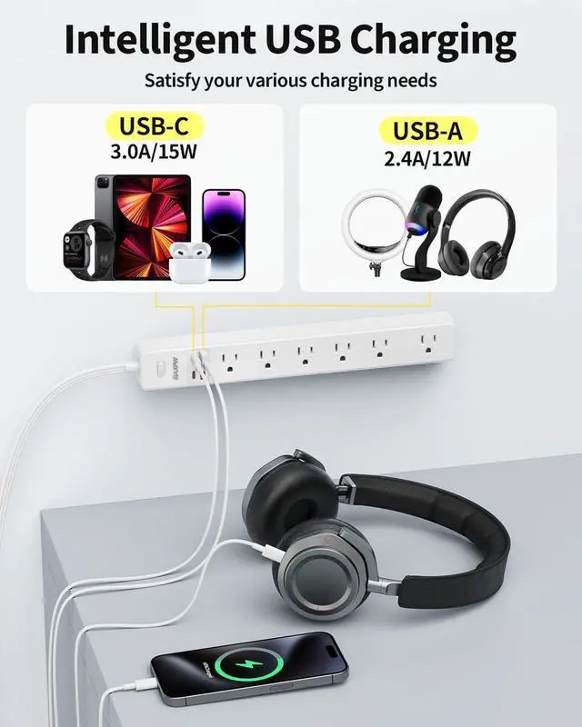 Alt view image 4 of 7 - 10 Ft Power Strip Surge Protector - 7 Outlets 4 USB Ports (2 USB C), Ultra Thin Flat Extension Cord & Flat Plug, 1700 Joules, Wall Mount, Desk Charging Station for Home Office Dorm, White