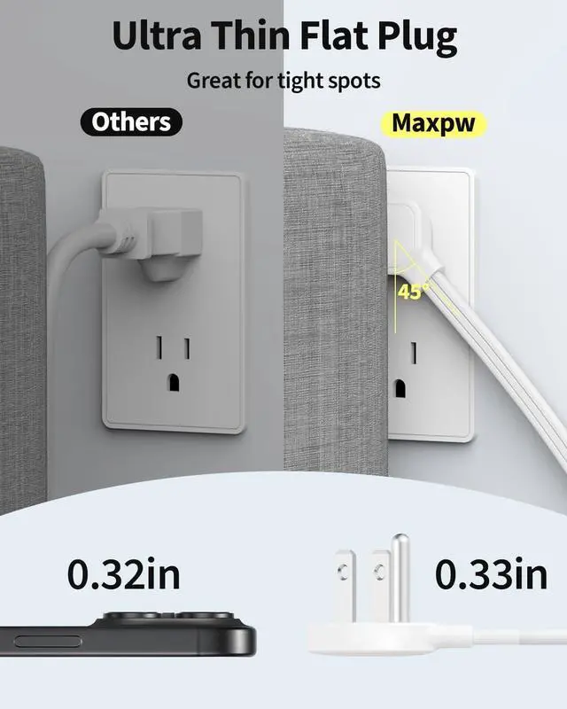 Alt view image 5 of 7 - 10 Ft Power Strip Surge Protector - 7 Outlets 4 USB Ports (2 USB C), Ultra Thin Flat Extension Cord & Flat Plug, 1700 Joules, Wall Mount, Desk Charging Station for Home Office Dorm, White