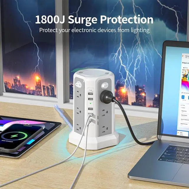 Alt view image 3 of 6 - Surge Protector Power Strip Tower with USB C Port(PD18W),10FT Extension Cord with 12 AC Outlets 5 USB Charging Ports, PASSUS Power Tower Surge Protection for Home Office DormRoom
