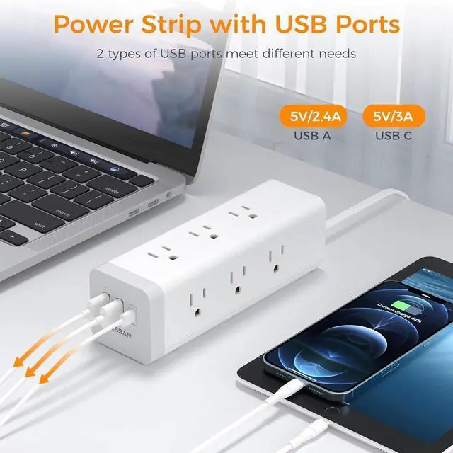Alt view image 5 of 6 - Surge Protector Power Strip 15 Ft, TESSAN Flat Plug Long Extension Cord with 9 Outlets 3 USB(1 USB C), Surge Protection Mountable Desk Charging Station for Indoor, Home, Office, Dorm Room Essentials